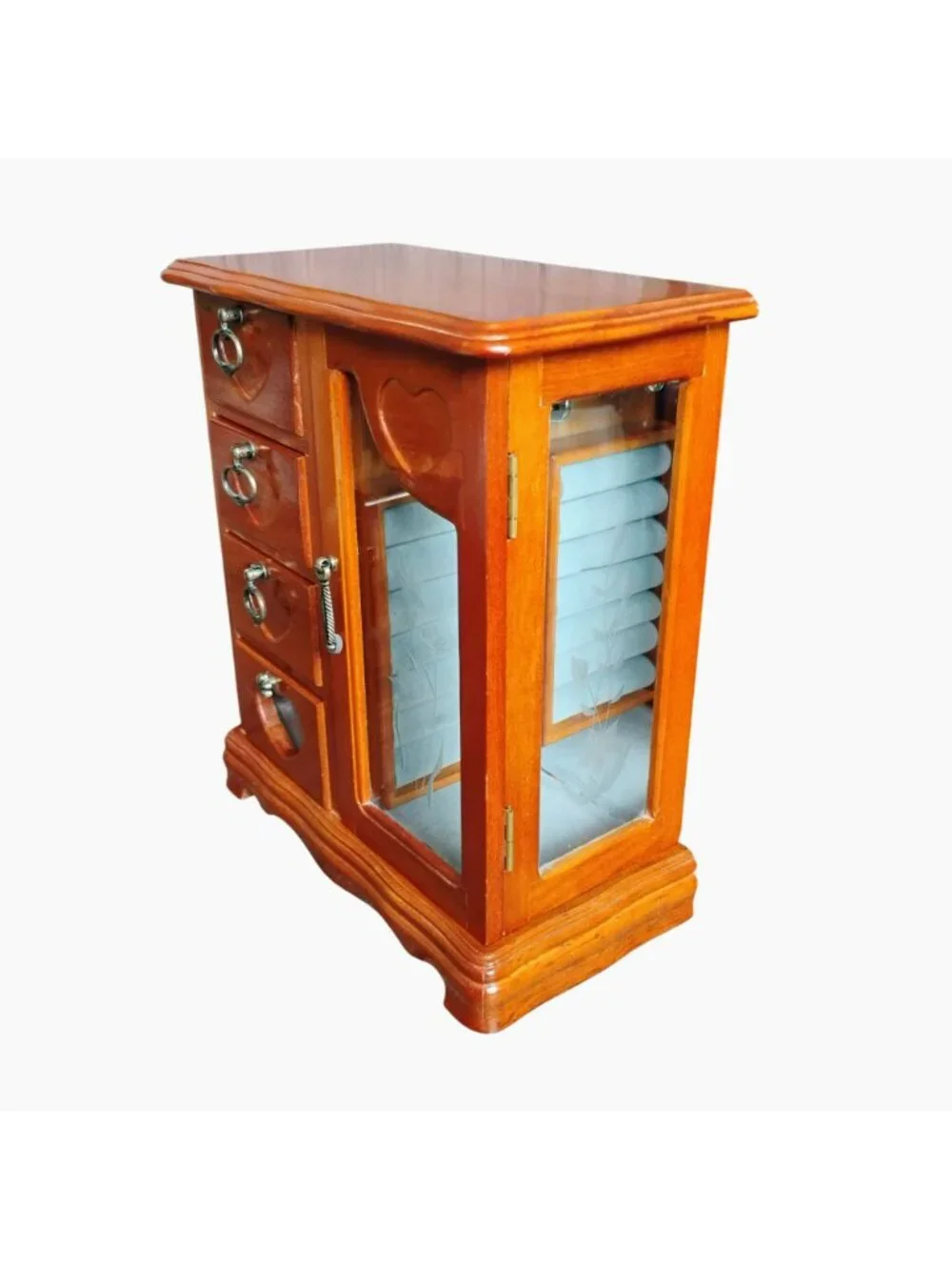 Wooden Jewelry Box w Heart Motif Glass Door & Velvet-Lined Storage Compartments